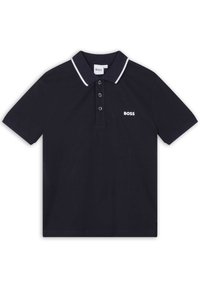 Marineblå poloshirt med toknappslukking, hvite krage detaljer og en liten brodert logo på venstre bryst. Laget av bomull.