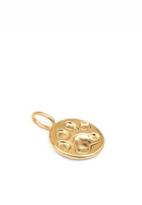 Pendente in oro con un design di impronta di zampa in rilievo, caratterizzato da una superficie liscia e bordi arrotondati, dotato di un piccolo anello per il fissaggio.