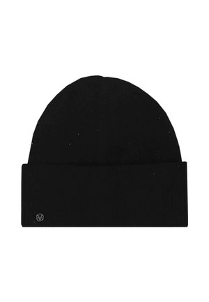 Berretto in maglia nero con risvolto piegato che presenta un piccolo logo metallico rotondo sul lato sinistro.