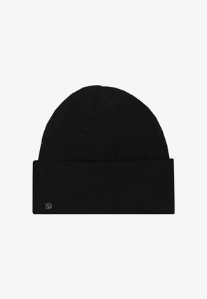 Berretto in maglia nero con risvolto piegato che presenta un piccolo logo metallico rotondo sul lato sinistro.