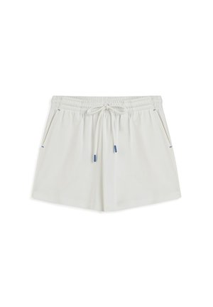 Shorts bianchi leggeri con vita elastica, cordoncino regolabile e tasche laterali con dettagli blu. Tessuto morbido.