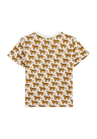T-shirt à manches courtes avec un motif de tigre orange et noir sur fond blanc, fabriqué en coton doux avec un col rond.