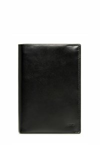 Czarny skórzany portfel o gładkiej fakturze, prostokątnym kształcie i subtelnych detalach przeszyć. Posiada tłoczone logo w dolnym prawym rogu.