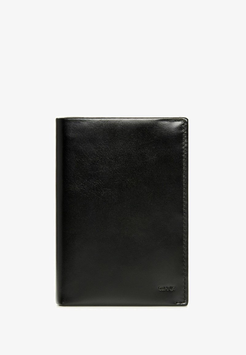Czarny skórzany portfel o gładkiej fakturze, prostokątnym kształcie i subtelnych detalach przeszyć. Posiada tłoczone logo w dolnym prawym rogu.