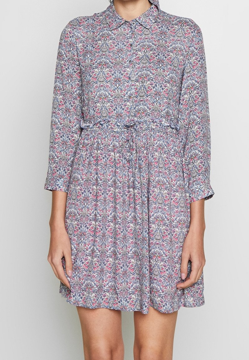 Blumenmuster-Kleid mit Kragen, langen Ärmeln und tailliertem Schnitt. Die Farben umfassen Rosa, Blau und Weiß auf einem hellen Hintergrund.
