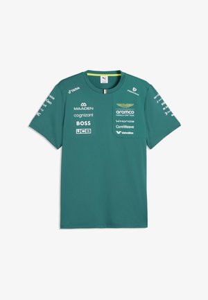 Groen Aston Martin Formule 1-teamshirt met meerdere sponsorlogo's, waaronder Aramco, Honda, BOSS, TikTok en Valvoline.