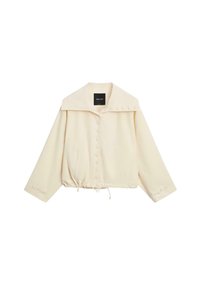 Roomkleurig jack met knopen, brede kraag, lange mouwen, voorzakken en verstelbare trekkoordzoom.