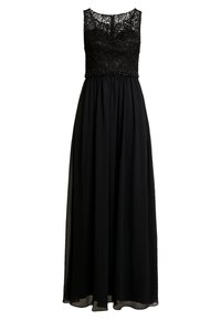Svart aftonklänning med spetsbodice, ärmlös design och en flödande, genomskinlig kjol. Har en åtsittande midja med pärldetaljer.