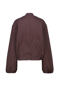 Brown cropped sweatshirt with a round neckline, drop-shoulder sleeves, and ribbed hem. Smooth texture with seams running down the back.