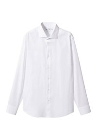 Chemise blanche à manches longues en tissu lisse, avec un col évasé, une fermeture à boutons à l'avant et des poignets à bouton. Design classique sur mesure.