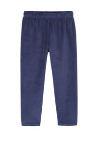 Navy blue soft fleece pants with an elastic waistband, straight cut, and no visible seams or patterns. Smooth texture, lightweight design.