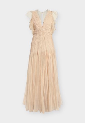Bežičasta maksi haljina bez rukava s dubokim V-izrezom, nabranim gornjim dijelom, lepršavim rukavima, plisiranom suknjom i malim detaljem od cirkona na sredini sprijeda.