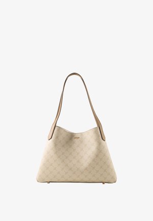 Beige designertas met subtiel bloemmotief, bruin schouderriem, gouden logo en gestructureerde trapeziumvorm.