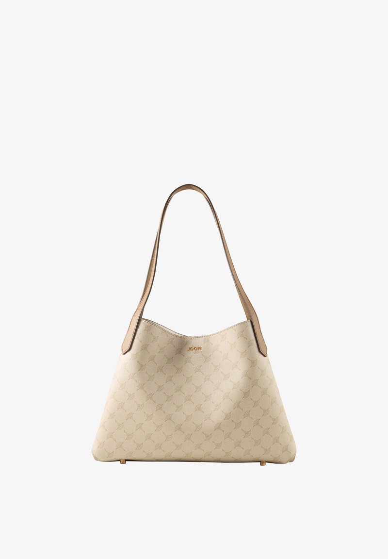 Béžová designérská kabelka s jemným květinovým vzorem, hnědým ramenním popruhem, zlatým logem a strukturovaným tvarovaným ve tvaru trapezu.