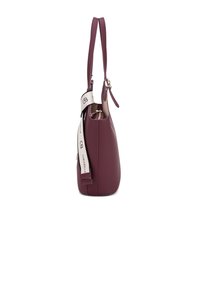 Borsa a mano in pelle color mogano con una forma strutturata, doppi manici e una tracolla staccabile con logo. Texture liscia, design minimalista.