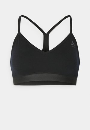 Reggiseno sportivo nero con coppe triangolari, spalline incrociate sul retro e un'ampia fascia elastica nella parte inferiore. Realizzato in materiale liscio ed elastico.