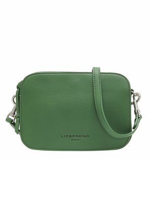 Green rectangular leather crossbody bag with detachable strap and metal clasps, branded with "Liebeskind Berlin" on front.