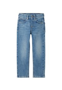 Jeans in denim blu chiaro con vestibilità dritta, caratterizzati da un classico design a cinque tasche e cuciture a contrasto. Nessun segno di usura visibile o motivi.