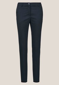 Marineblaue, maßgeschneiderte Hose mit schmaler Passform, ausgestattet mit zwei Vordertaschen, einem Knopfverschluss und einer glatten Textur. Keine sichtbaren Muster oder Verzierungen.