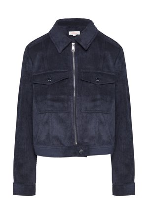 Navy blue corduroy jacket with front zipper, two flap chest pockets with buttons, long sleeves, and a collar.