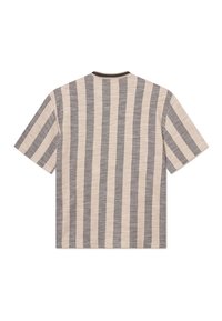 Short-sleeve t-shirt with a beige background and dark gray vertical stripes. Features a crew neckline and soft, textured fabric.