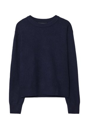 Maglione lavorato a maglia blu navy, texture morbida, scollatura rotonda, spalle scese, lunghezza cropped, polsini e orlo a coste.