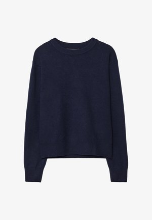 Granatowy sweter w dzianinę, miękka tekstura, okrągły dekolt, opadające ramiona, skrócona długość, ściągacze przy mankietach i u dołu.