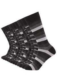 Set of black and gray striped socks. Features varying thickness stripes and reinforced toes. Soft material with a smooth texture.