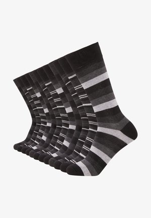 Set of black and gray striped socks. Features varying thickness stripes and reinforced toes. Soft material with a smooth texture.