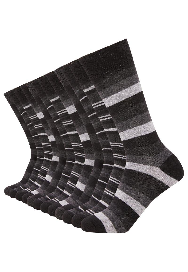 Set of black and gray striped socks. Features varying thickness stripes and reinforced toes. Soft material with a smooth texture.