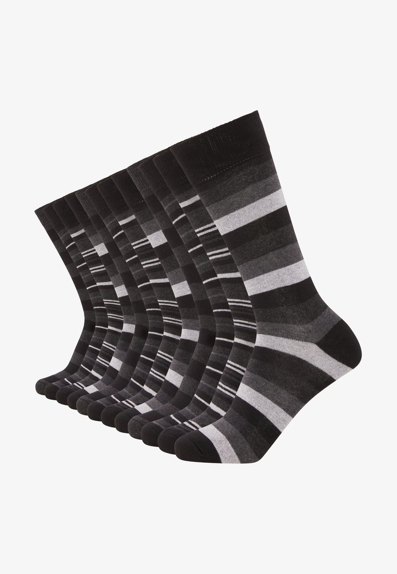 Set of black and gray striped socks. Features varying thickness stripes and reinforced toes. Soft material with a smooth texture.