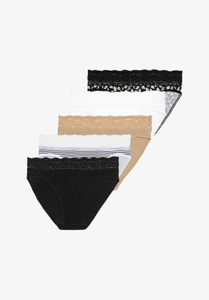 Five pairs of women's briefs in black, white, tan, and striped colors, with lace trim detailing along the waistbands.