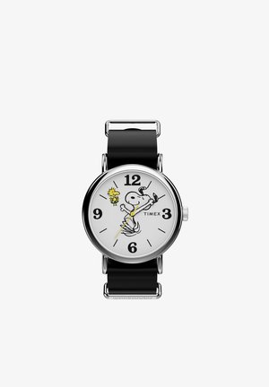Orologio rotondo in argento con cinturino nero, quadrante bianco con Snoopy e Woodstock; indicatori delle ore neri alle 12, 3, 6 e 9, logo Timex alle 3.