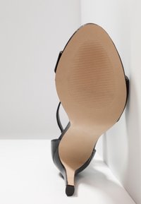 Sandale noire à talon haut, positionnée semelle vers le haut contre un coin blanc, montrant une semelle beige lisse avec une zone antidérapante texturée près des orteils.