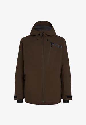 Braune wasserdichte Jacke mit Kapuze, Reißverschluss-Taschen und kontrastierenden schwarzen Akzenten. Glatte Textur mit einem eleganten, modernen Design.