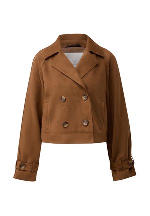 Veste courte marron à double boutonnage avec larges revers, poignets boutonnés et poches latérales, en matière imitation daim.