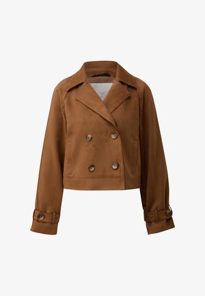 Veste courte marron à double boutonnage avec larges revers, poignets boutonnés et poches latérales, en matière imitation daim.