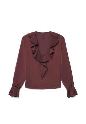 Blusa a maniche lunghe color granata con scollo a V arricciato e polsini arricciati, realizzata in tessuto liscio e fluente.