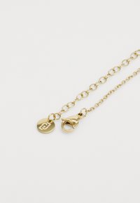 Catena d'oro con anelli tondi, caratterizzata da un'etichetta circolare con un logo e una chiusura a moschettone. Texture liscia e finitura lucida.