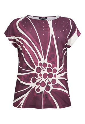 Short-sleeve top in deep purple with a floral pattern, featuring white outlines and subtle dot accents. Soft fabric with a relaxed fit.