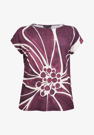 Short-sleeve top in deep purple with a floral pattern, featuring white outlines and subtle dot accents. Soft fabric with a relaxed fit.