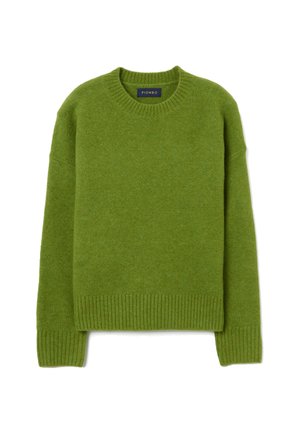Maglione verde in lana con scollatura rotonda, polsini a costine e orlo a costine. Caratterizzato da una silhouette ampia e una texture morbida per il calore. Etichetta del marchio visibile.