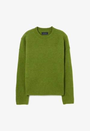 Maglione verde in lana con scollatura rotonda, polsini a costine e orlo a costine. Caratterizzato da una silhouette ampia e una texture morbida per il calore. Etichetta del marchio visibile.