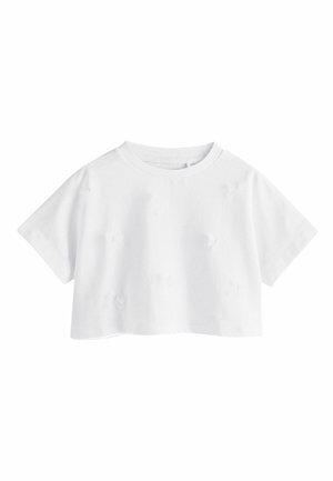 Afskåret hvid t-shirt lavet af bomuld, med rund halsudskæring, korte ærmer og et struktureret design med små accenter overalt.