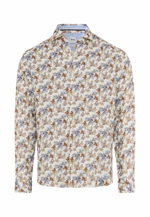 Langärmliges Hemd mit Knopfleiste und Kragen, mit einem Blumenmuster in Blau-, Beige- und Brauntönen auf weißem Hintergrund.