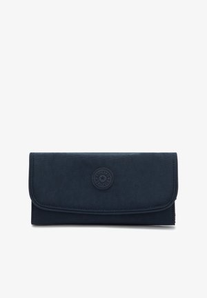 Navy blue fabric wallet with a rounded logo patch, magnetic flap closure, and stitch detailing. Rectangular shape with smooth texture.