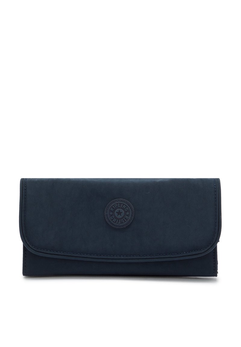 Navy blue fabric wallet with a rounded logo patch, magnetic flap closure, and stitch detailing. Rectangular shape with smooth texture.