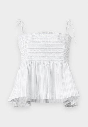 Witte strapless top met smock-borstvoeding en uitlopende zoom. Kenmerkt verticale lichtgrijze strepen en verstelbare strikbandjes voor een veilige pasvorm.