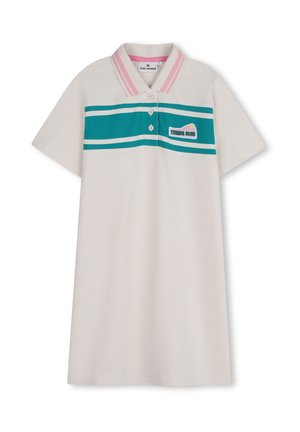 Kremekleurige polo-jurk met korte mouwen, roze kraagstrepen, turquoise strepen op de borst, drie knopen en een "Tennis Club" applicatie aan de voorkant.