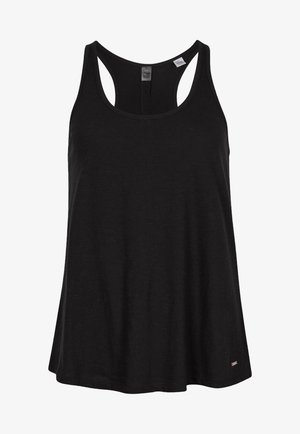 Černý top bez rukávů vyrobený z měkké bavlny, s volným střihem, širokými ramínky a kulatým výstřihem. Žádné viditelné vzory nebo ozdoby.